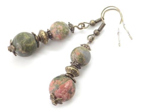 Orecchini Artigianali in Unakite Verde e Bronzo Antico Stile Vintage