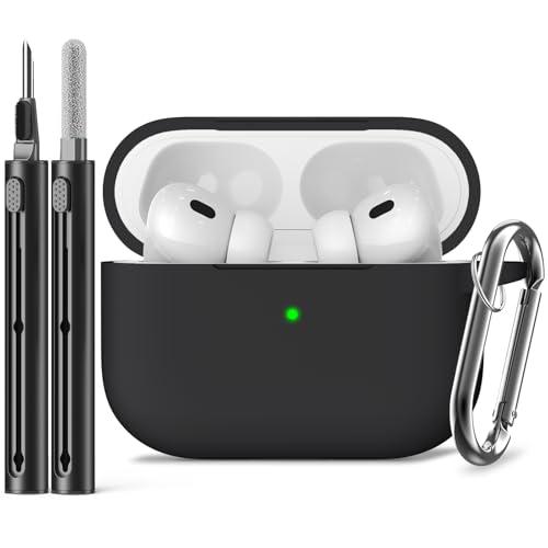 Custodia Inesore Compatibile con AirPods Pro 2nd/1st Gen, Cover Protettiva in Silicone con Portachiavi e Pennino Pulitore, Nero