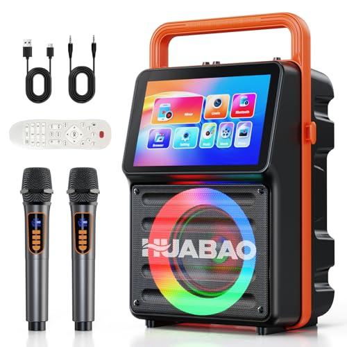 Macchina per karaoke con schermo integrato da 10,1 pollici, altoparlante Bluetooth con visualizzazione dei testi, mirroring dello schermo wireless per iOS e Android, telecomando e luci, 2 microfoni