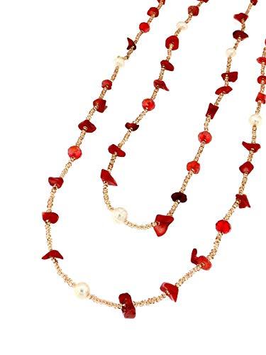 Linea Italia Gioielli - Collana Lunga Multifilo per Donna con Perle e Pietre Naturali color Corallo