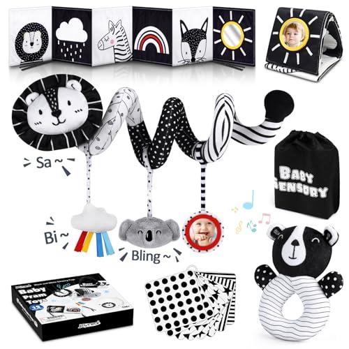 Joyreal Set Giochi Sensoriali Neonato 0-12 Mesi: Spirale Passeggino, Libro Bianco e Nero, Sonaglio e Carte Montessori