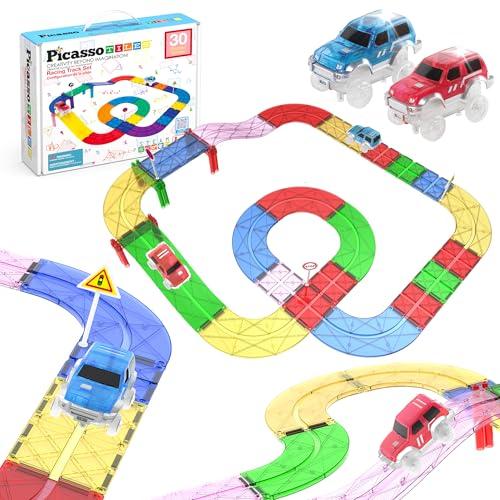 PicassoTiles,Set di 30 pezzi per auto da corsa, set di giocattoli educativi, magneti, per fai da te, 2 auto da corsa, camion, giocattoli, STEM, coordinamento occhio-mano, abilità motori…