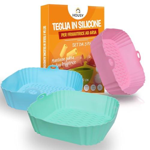 HOUSY 3 Teglie Quadrate per Friggitrice ad Aria in Silicone 20x20cm