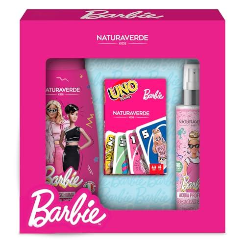 BARBIE | Gift Set Carte UNO, Cofanetto Bagnoschiuma, Acqua Profumata e Set Carte da Gioco