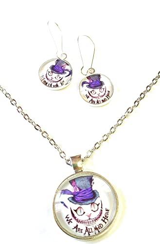 Set Parure We Are All Mad Here Gatto Alice Orecchini Collana con Ciondolo Cabochon