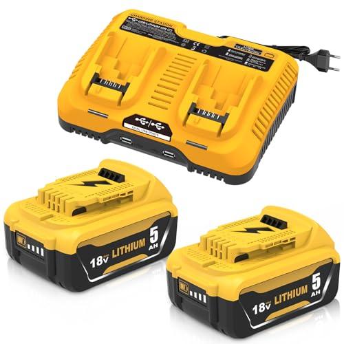 Kit 2 Batterie 18V 5.0Ah Compatibili Dewalt + Caricatore Doppio DCB102