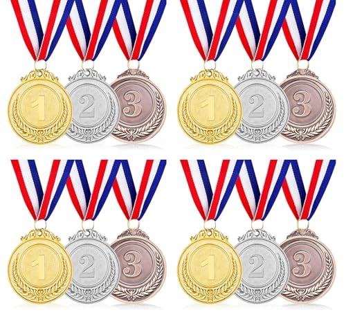 SULOLI 12 Pezzi Medaglie Premiazioni,Medaglie Bambini in Metallo con Nastro al Collo,Medaglia Premi per Sport Scolastico,Festa Gioco Concorrenza Premi(Oro Argento Bronzo)
