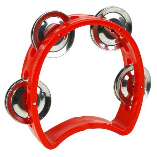 A-Star Tamburello in plastica con design a mezzaluna piccola, 4 campanelli singoli in metallo - rosso