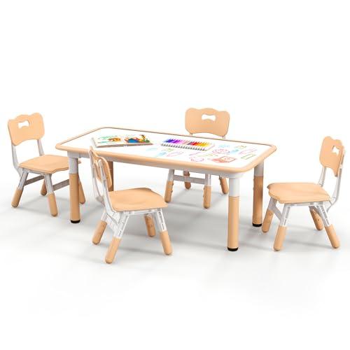 COSTWAY Set Tavolo e 4 Sedie per Bambini Regolabile con Piano Graffiti Naturale