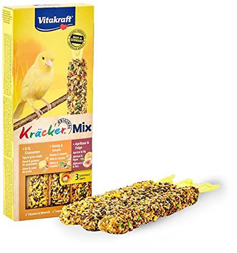 Vitakraft Kräcker Mix, snack per uccelli, bastoncini da sgranocchiare con uovo e semi di prato, con albicocche e fichi, con miele e sesamo, a sostegno della cura del becco, senza l'aggiunta di zuccheri (1x 80g)