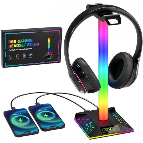 Hcman Porta Cuffie Gaming Accessori RGB LED Supporto con 2 Porte USB, Stand da Scrivania Reggi Cuffie da Gioco PC Gamer Headset, Nero