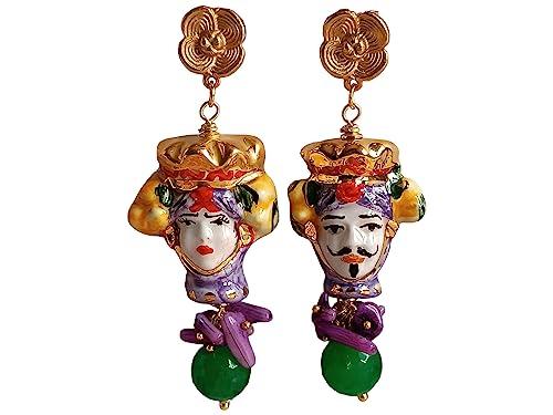 Orecchini Siciliani con Teste di Moro in Ceramica di Caltagirone Dipinta a Mano e Pietre Colorate