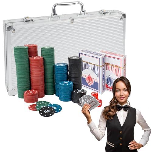 H&F Heimtextilien Set da poker da 300 chip – Set completo da gioco da poker con carte di dadi e pulsante spacciatore in valigetta di alluminio – per principianti ed esperti