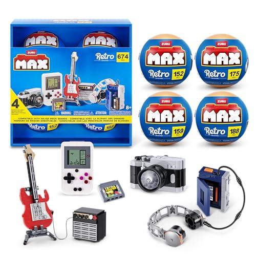 MAX Build More Premium Retro Series 2 Confezione da 4 by ZURU: Giocattolo unboxing con mini mattoncini collezionabili, fino a 188 pezzi, 4 design retro da costruire.