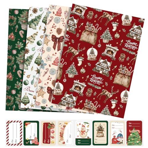 LEMESO Carta Regalo Natale Grande Vintage - 4 Motivi con Etichette Adesive