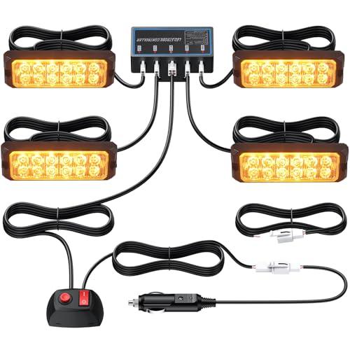 Justech 12 LED Luce Stroboscopica Auto 12V/24V Luce Lampeggiante Emergenza Impermeabile IP68 con Spina Accendisigari + 8 Modalità Strobo e Scatola di Controllo per Auto Rimorchio Camion - E-mark