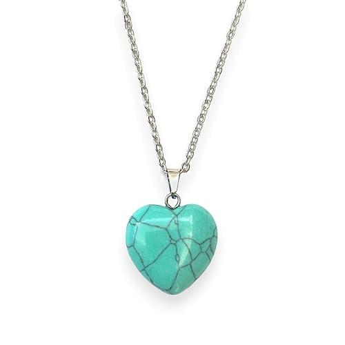Collana di Pietre Semipreziose a Forma di Cuore - Ciondolo Amuleto da Donna con Catena in Acciaio Inossidabile - Ideale da Regalare (Turchese)