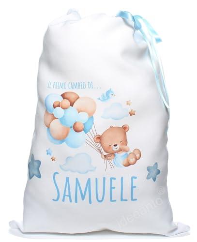 Sacchetto porta corredino personalizzato con il nome del tuo bambino bambina chiusura a coulisse sacca primo cambio neonato (Azzurro)