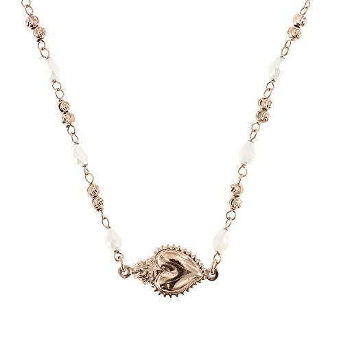 Collana Donna in Argento 925 Placcato Rosa con Cuore Sacro e Perline Bianche - Linea Italia Gioielli
