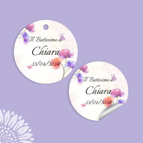 10 pezzi Cartellini o Adesivi personalizzati per bomboniere FLOWER, fiori, Battesimo, Comunione, Matrimonio, Cresima, bigliettini (FLR-04)