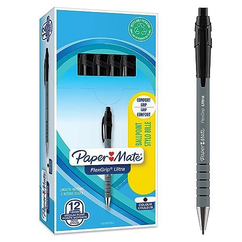 Paper Mate Flexgrip Ultra Penna a Sfera a Scatto, Punta Media (1 mm), Nera, Confezione da 12