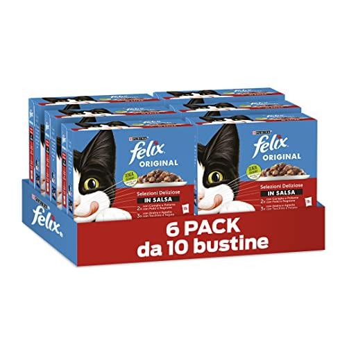Felix Original Cibo Umido per Gatti Adulti in Salsa con Anatra e Agnello, Tacchino e Fegato, Pollo e Rognone, Coniglio 60 Buste da 85g