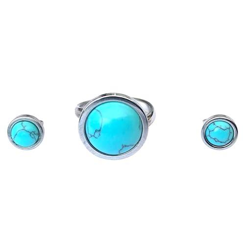 Set di Anelli e Orecchini da Donna con Pietre Naturali Turchese - Acciaio Inossidabile e Design Regolabile