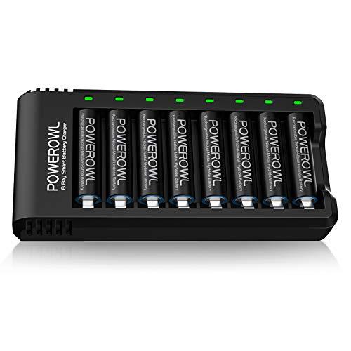 Batterie Ricaricabili AA POWEROWL 8 Pezzi 2800 mAh con Caricabatterie 8 Slot