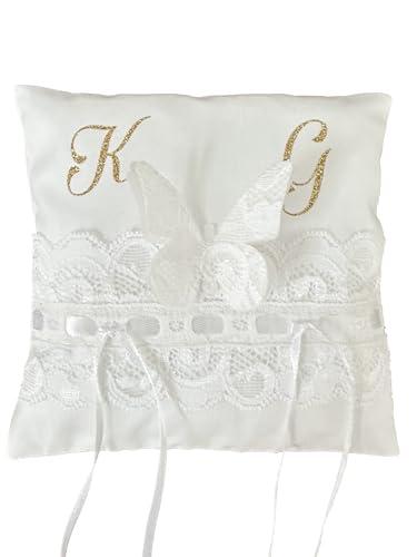 Portafedi in tessuto e pizzo, personalizzato, per matrimonio o altro evento speciale. Cuscino per fedi nuziali