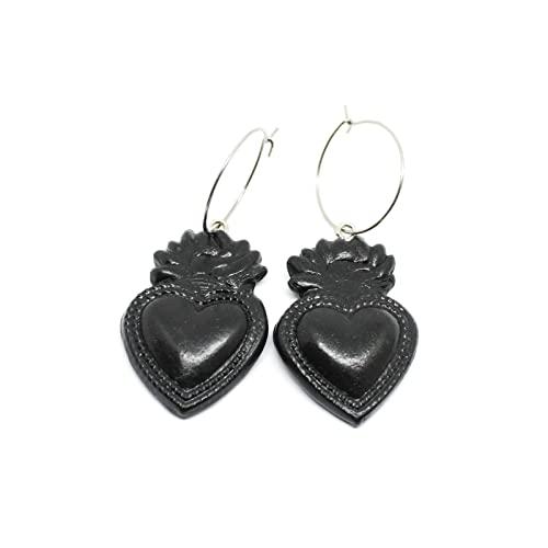 Orecchini a Cerchio con Sacro Cuore Ex Voto Nero
