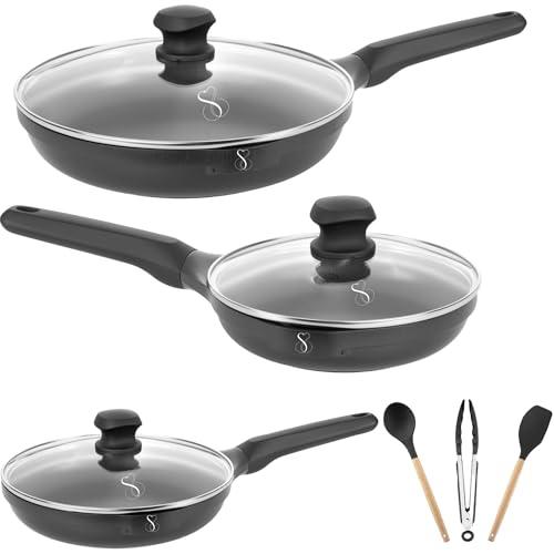 Stone&Stone Set 3 Padelle Antiaderenti con Coperchi e Utensili