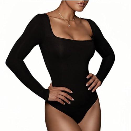 Rongseng Body Donna Maniche Lunghe Aderente Bodysuit con Scollatura Squadrata Sexy Body da Donna Manica Lunga Elegante Basic Tops Morbida Tinta Unita T-Shirt Casuale Elasticizzato Tuta Jumpsuits