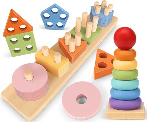Subtail Giochi Montessori 2 in 1 per Bambini 1-3 Anni: Cubi e Torre Impilabile in Legno