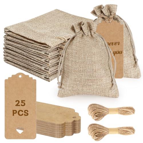 Sacchetti di Juta 10x14 cm con Etichette Regalo - Set da 25 Pezzi