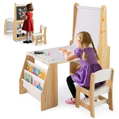 COSTWAY Set Tavolo e Sedia per Bambini con Lavagna e Libreria (Naturale)