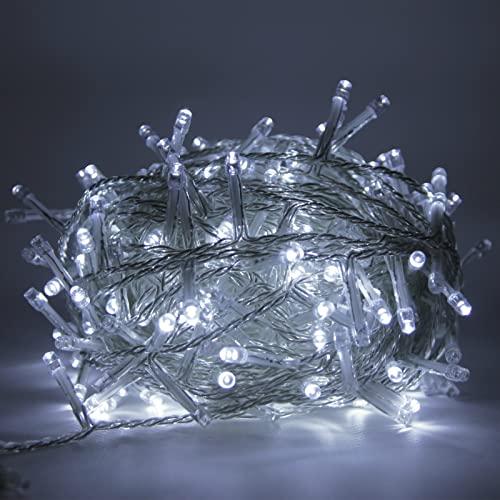 Luccika® serie stringa luminosa di luci da 5 Metri con 100 Led Bianco Ghiaccio per albero di Natale da Esterno ed Interno controller 31V con 8 giochi di luce e Memoria cavo trasparente