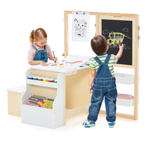Set Tavolo E 2 Sedie Per Bambini COSTWAY, Con Piano Doppio Lato Lavagna E Supporto, Multifunzionale, Naturale