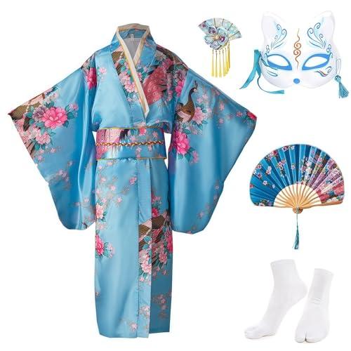 KRUIHAN Kimono Giapponese Bambina Stile Vintage - Elegante Vestito Tradizionale con Pavoni e Fiori in Seta Blu