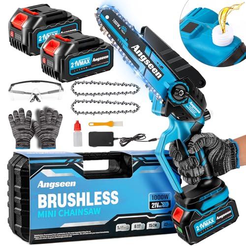 Mini Motosega a Batteria per Potatura con 1000W Motore Brushless, 8000mAh Batterie, Manopola Regola Subito la Tensione Della Catena, 6 Pollici Sega Con Pompetta Olio per Il Taglio del Legno Giardini