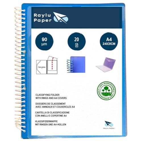 Raylu Paper® - Raccoglitore ad anelli con buste trasparenti A4 da 90 micron e busta con chiusura in velcro, copertina personalizzabile. Cartellina buste 100% biodegradabili (20 federe, blu)