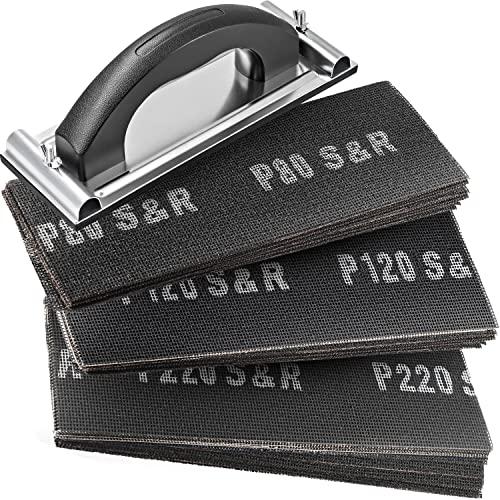 S&R Carta Vetrata Fogli Abrasivi per Cartongesso, Legno e Metallo - Set Completo con Blocco Levigatrice Manuale