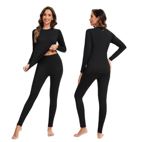 AMZSPORT Donna Set Termico Intimo Completo, Biancheria Termica Funzionale per Sci e Invernale, Maglia a Lunga Manica & Pantaloni Base Traspirante Nero M