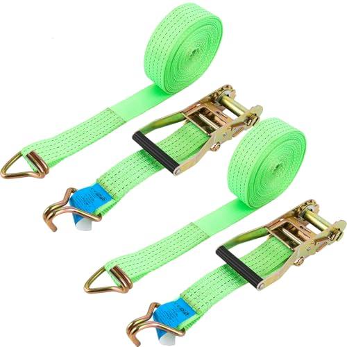 DAJAVE Set di 2 Cinghie a Cricchetto, 10M Cinghia di Ancoraggio con Tenditore a Cricchetto e Ganci, Larghezza 50mm Cinghia Fissaggio a Cricchetto Ratchet, Verde, Gancio a J, Fino a 4000 kg