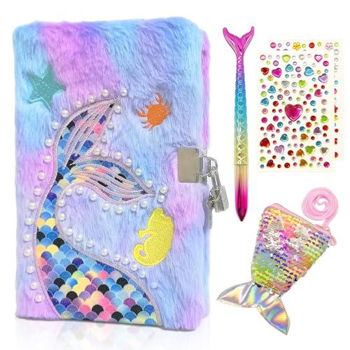GROFIS Set di 4 Sirena Diario Segreto Bambina, Diario in Peluche con Lucchetto, 160pag Reversibile Taccuino A5 a Righe, Quaderno con Paillettes Portamonete, Penna, Adesivi, Regalo per Ragazze