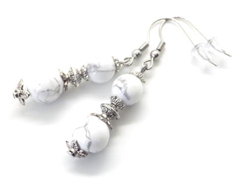 Orecchini Vintage con Howlite Bianca e Ottone Argentato - Fatti a Mano in Francia