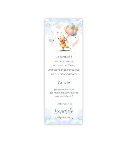 Segnalibro Battesimo Winnie l'Orsetto con Palloncino Azzurro Personalizzato - Set da 30