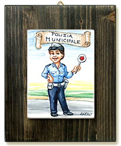 Quadretto Mattonella Ceramica Polizia Municipale - Idea Regalo Originale Donna - Made in Italy