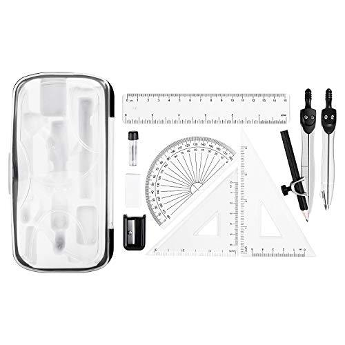 Amazon Basics Kit da 10 pezzi per matematica, include compassi, matita e mina in grafite, gomma per cancellare, temperamatite, goniometro, squadre, righello e custodia