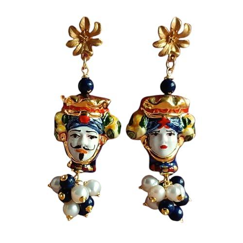 Orecchini con Teste di Moro in Ceramica di Caltagirone e Pietre Colorate