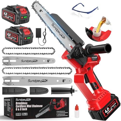 SundpeyPRO Mini Motosega a Batteria 8/6 Pollici - 1180W Brushless Mini Sega a Batterie 8000mAh per potatura, Oliatore Automatico, Tensione Catena Senza Attrezzi, Motosega Elettrica per Taglio di Legno